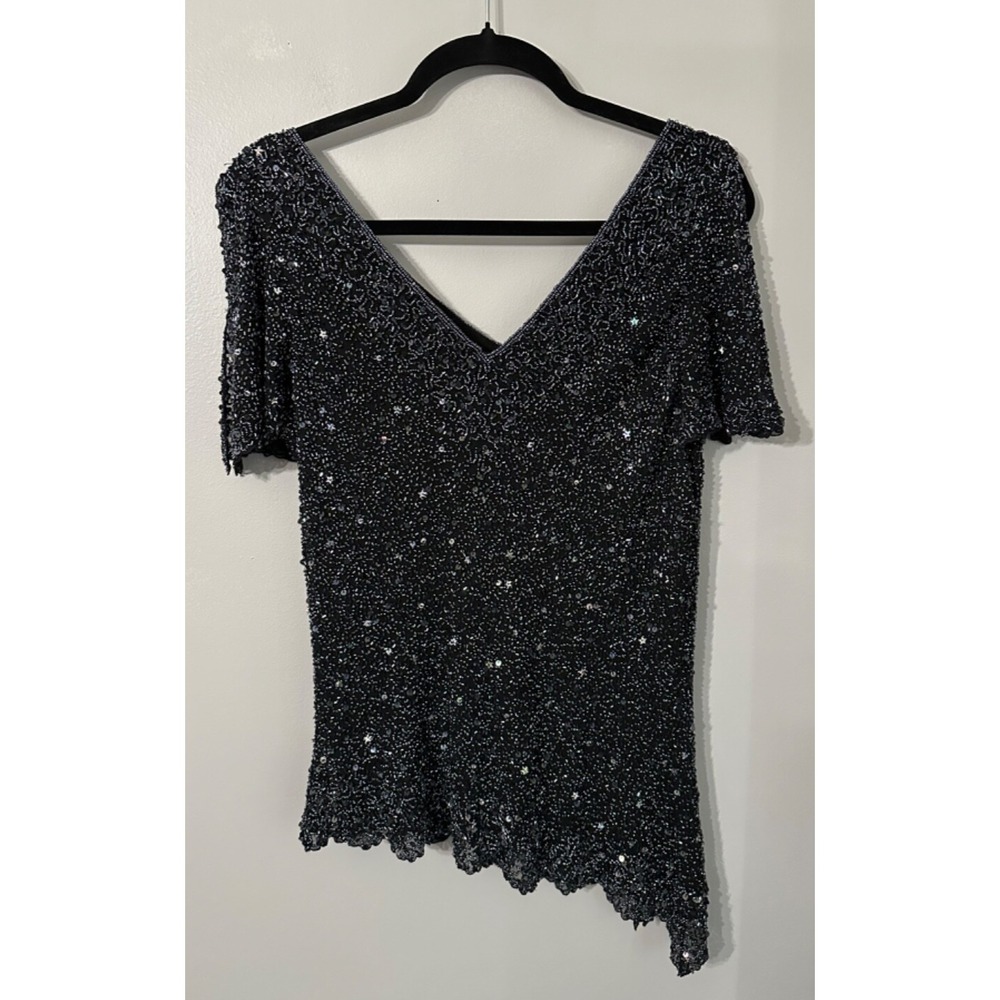 Adrianna Papell Boutique Silk Beaded Sequin Flutter Sleeve Top L Evening Formal